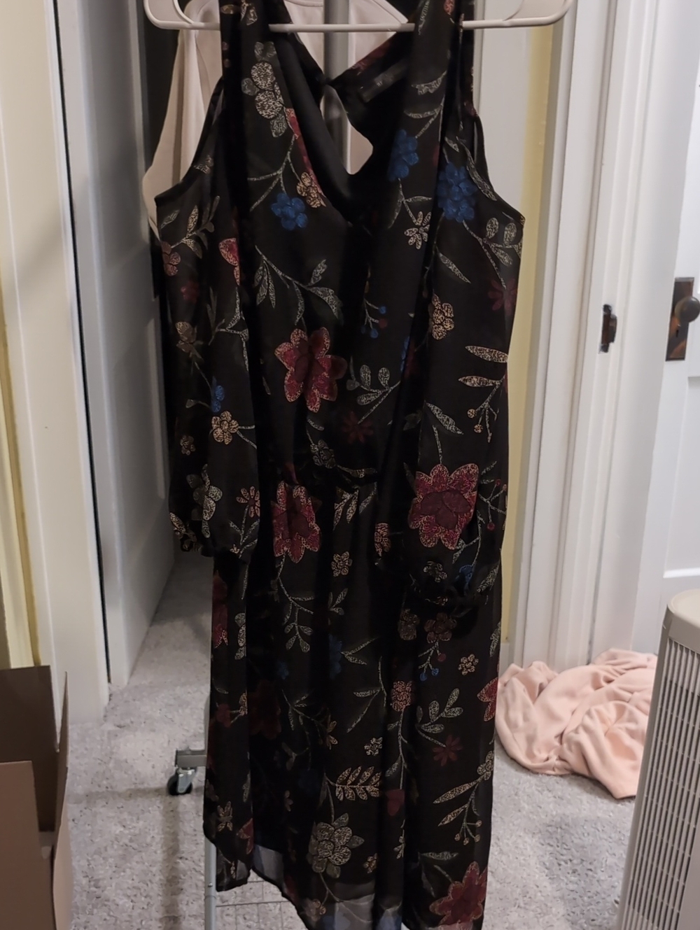 Black Floral Long-Sleeve Midi Dress with Cold-Shoulder Detail